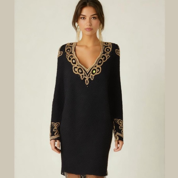 Vintage Dresses & Skirts - vintage long sleeve heavily beaded black and gold silk dress 70s 80s Morigana